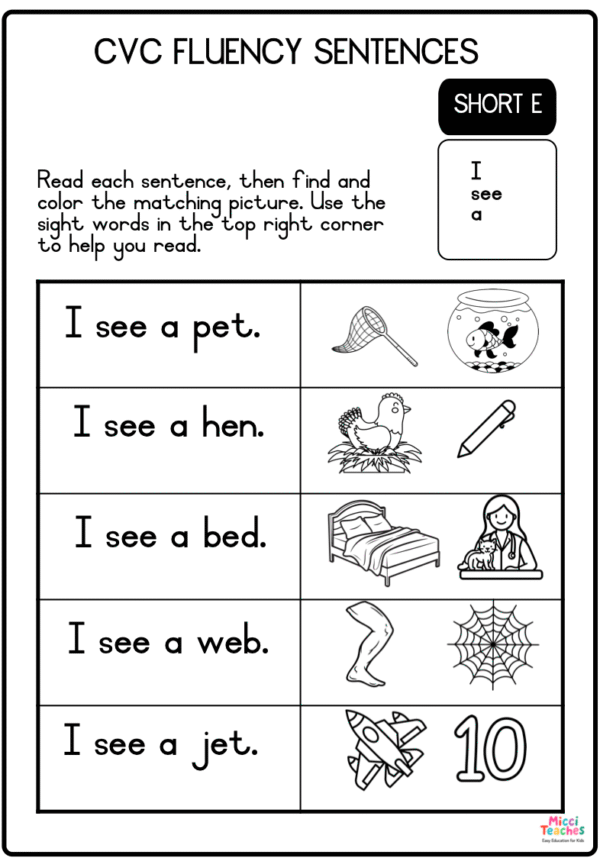 CVC Fluency Sentences - I, see, a - Short E - Image 2