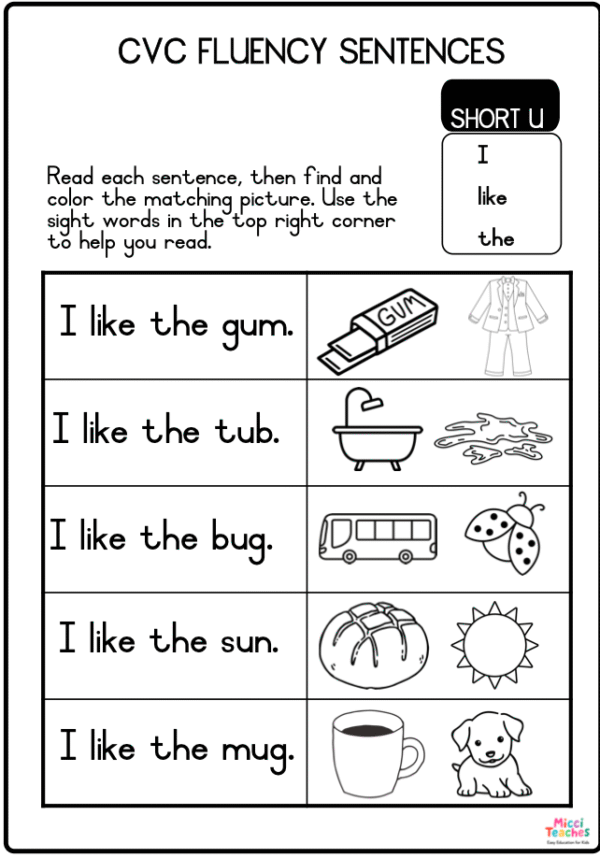CVC Fluency Sentences -I,like, the - Short U - Image 2