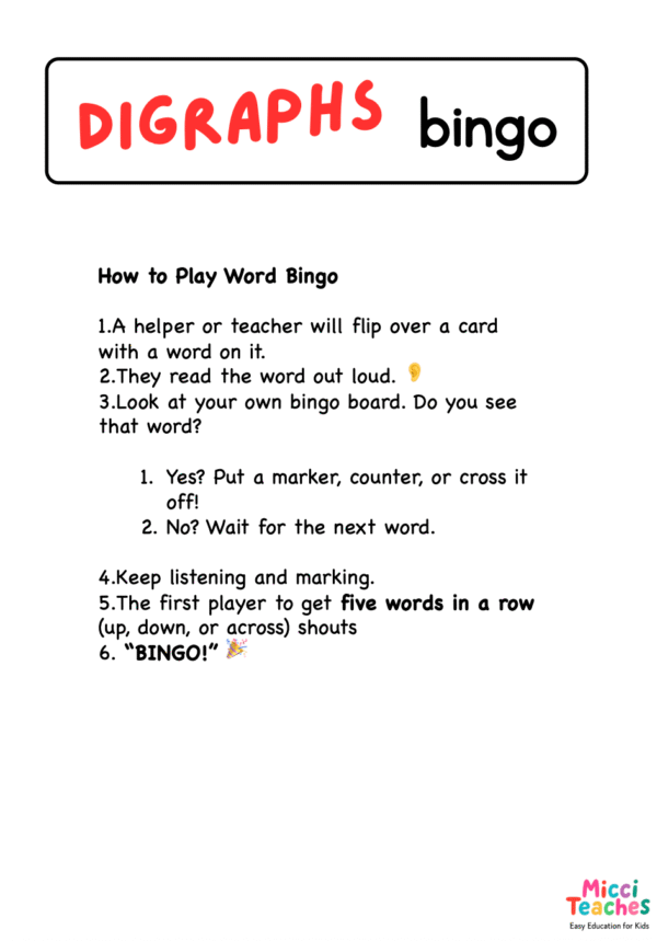 Digraphs Bingo