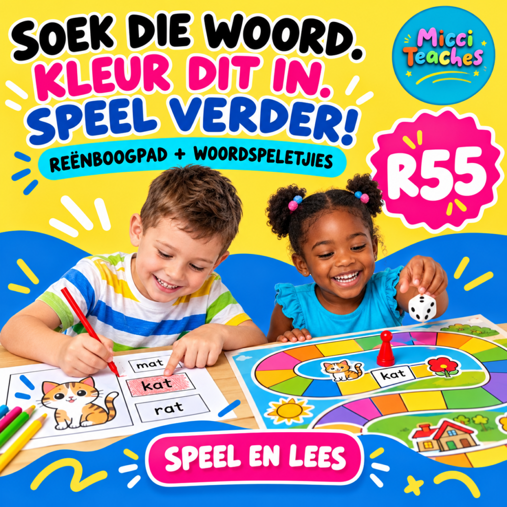 Vind die Woord en Kleur In + Reënboogpad Bordspeletjies